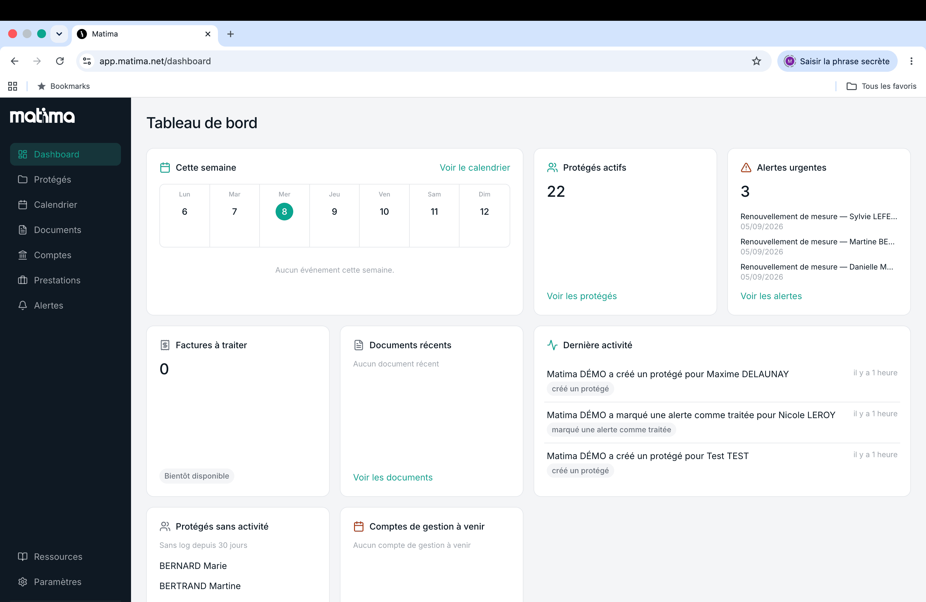 Dashboard Matima — vue d'ensemble de l'activité