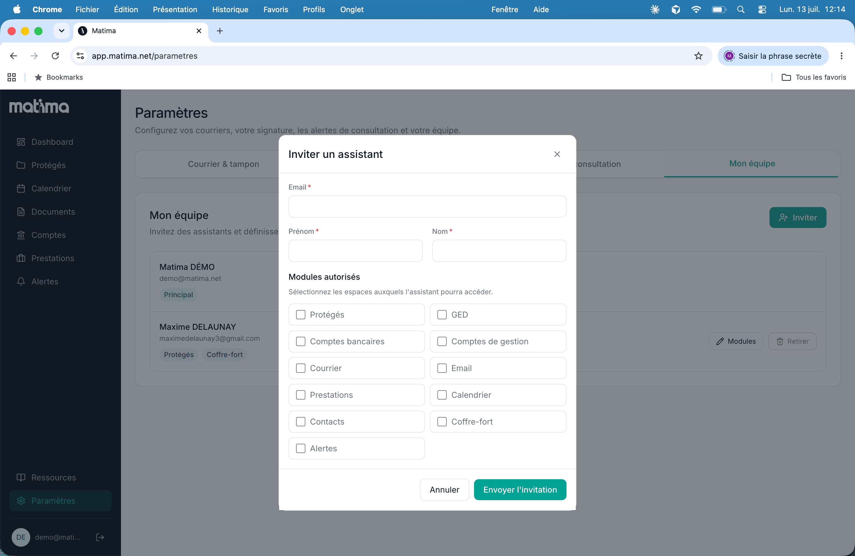 Gestion d'équipe et permissions dans Matima