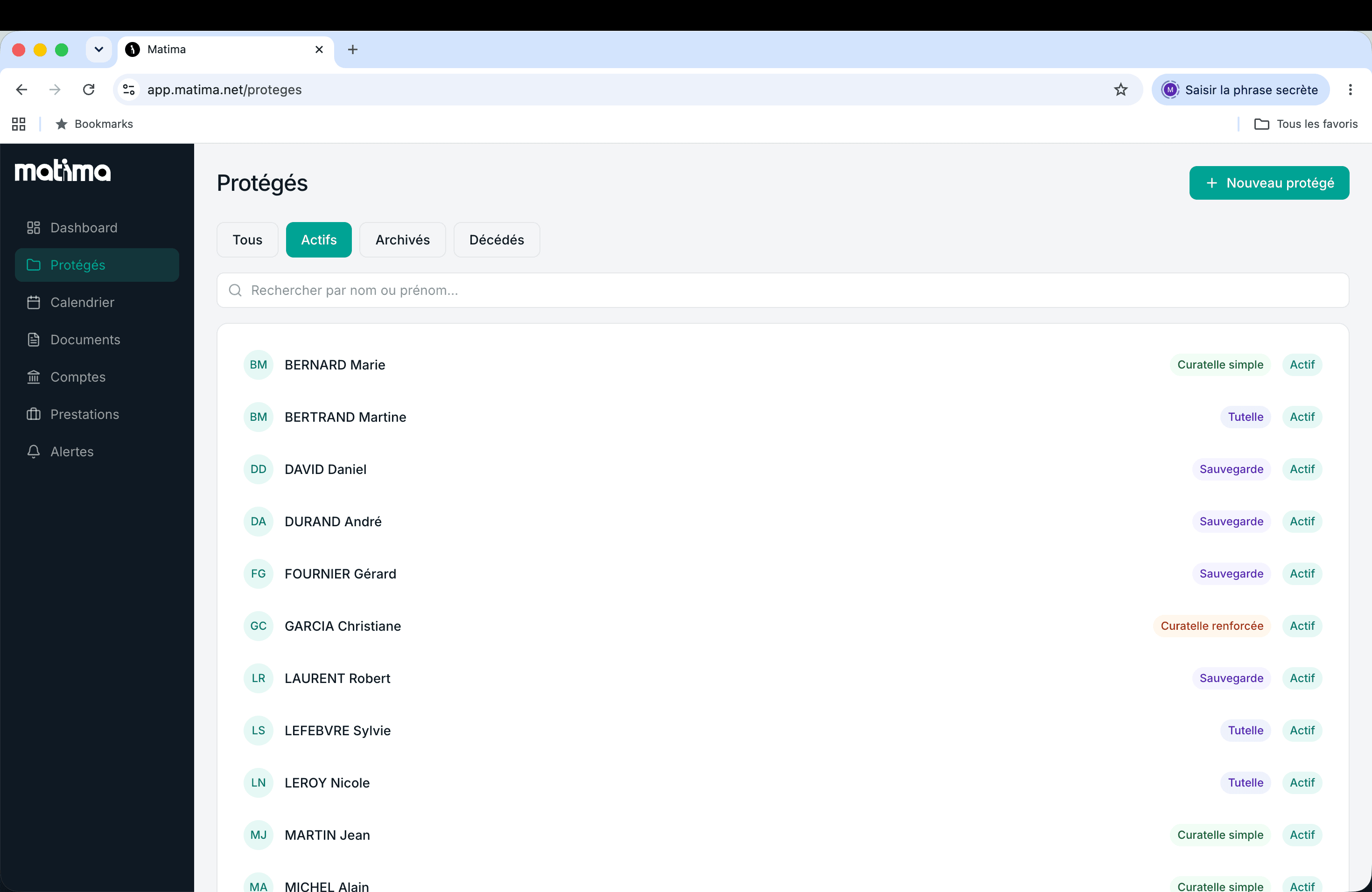 Liste des protégés dans Matima